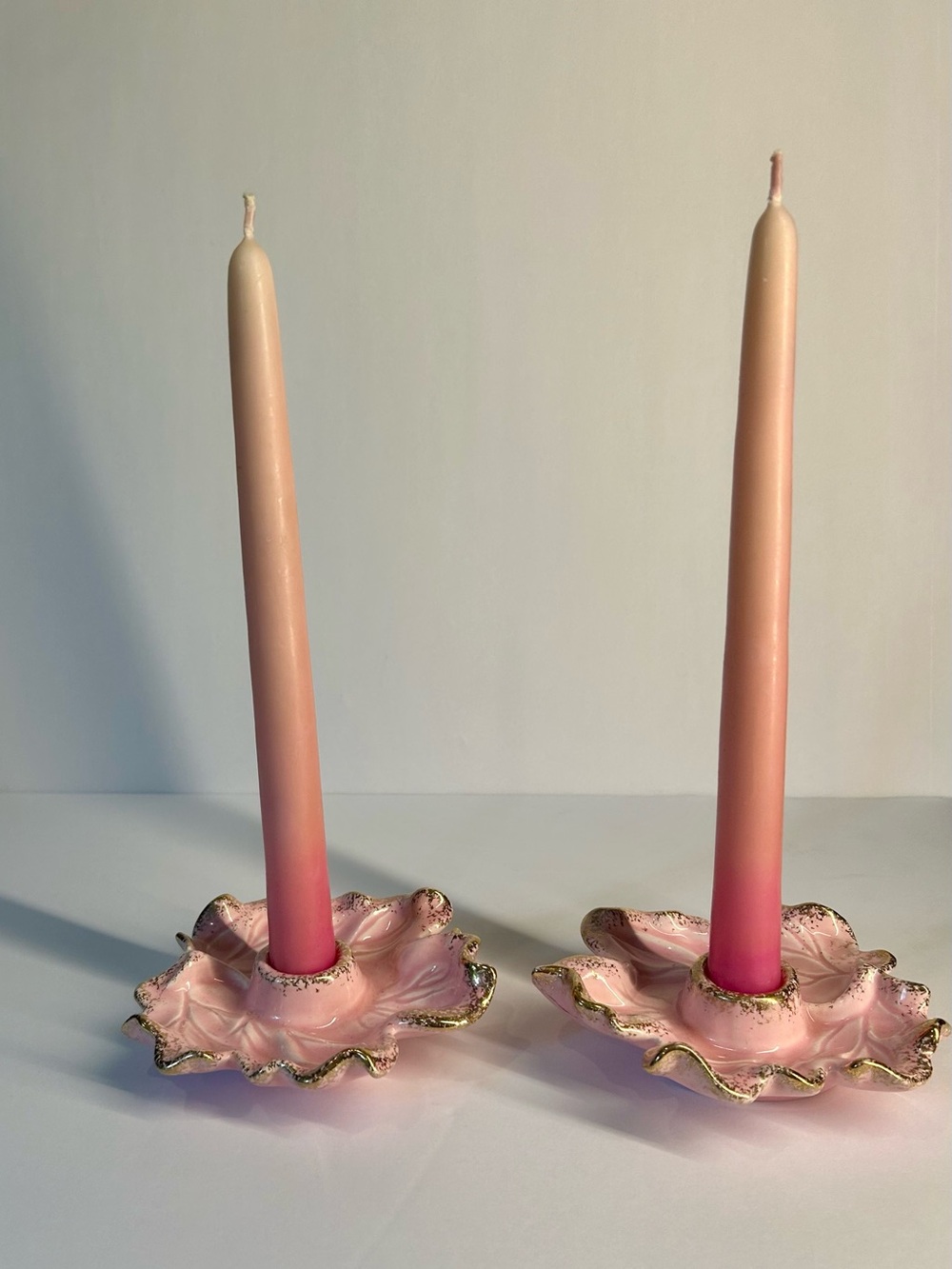 Vintage California Pottery Pink Leaf Candle Holders With Gold Accents Pair Of 2